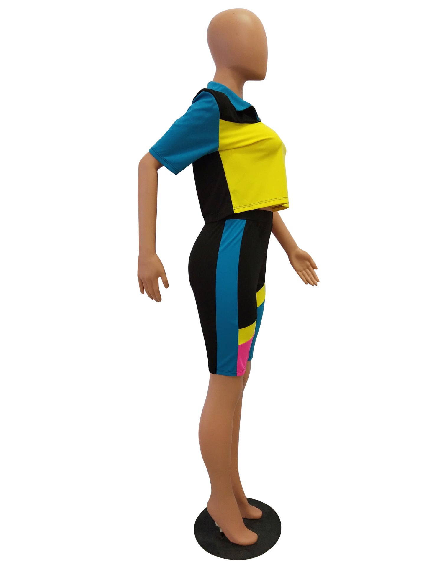 Fashion Contrast Color Casual Short Sleeve Knee-Length Two Piece Shorts Set 15