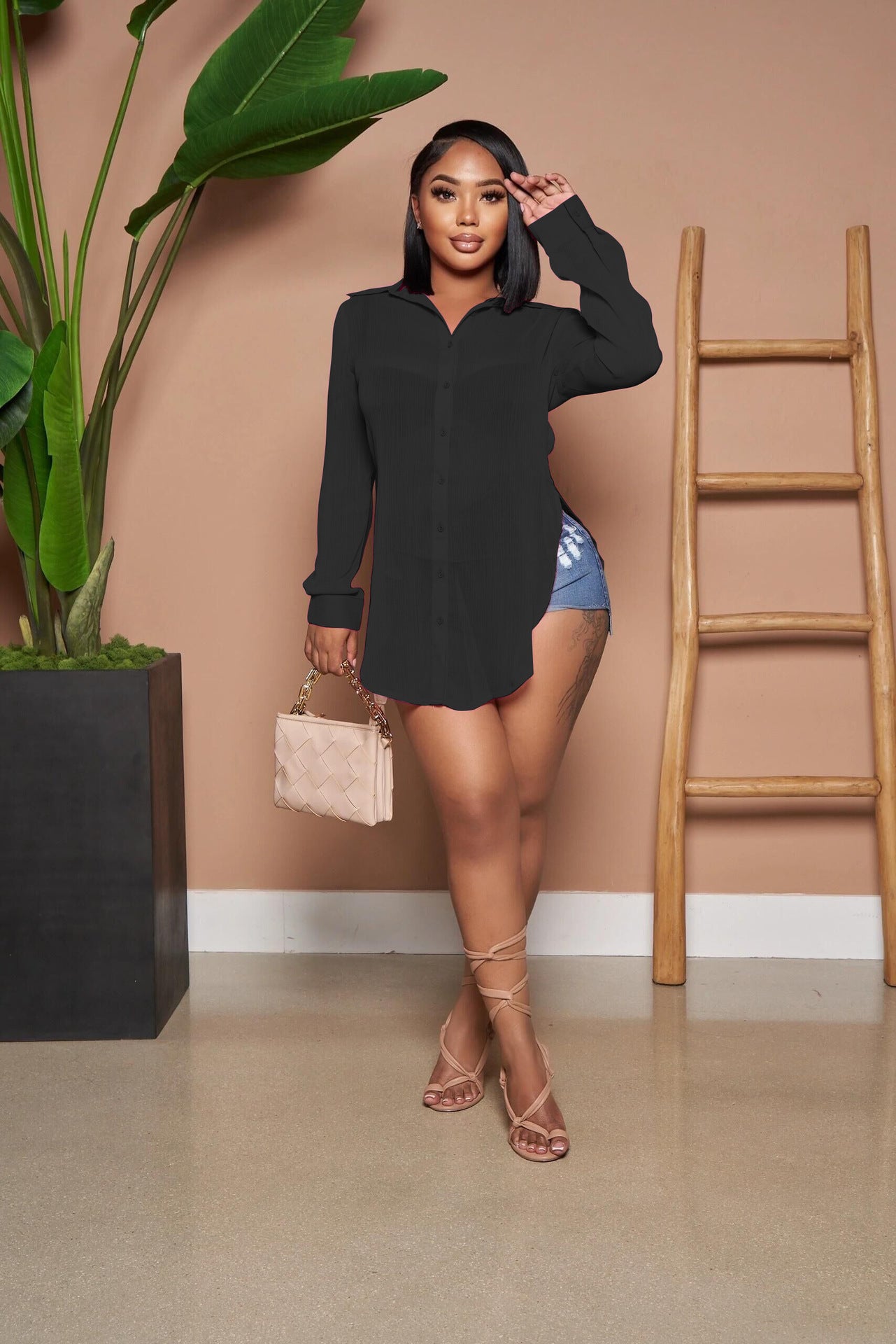 Women's sexy see-through single-breasted solid color long sleeve turn-down collar chic loose chiffon shirt