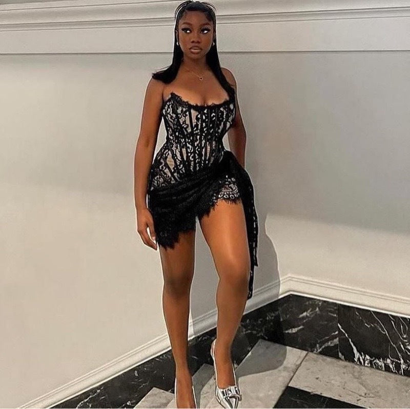 Women Strapless Sexy Lace Irregular Bodycon Dress 5