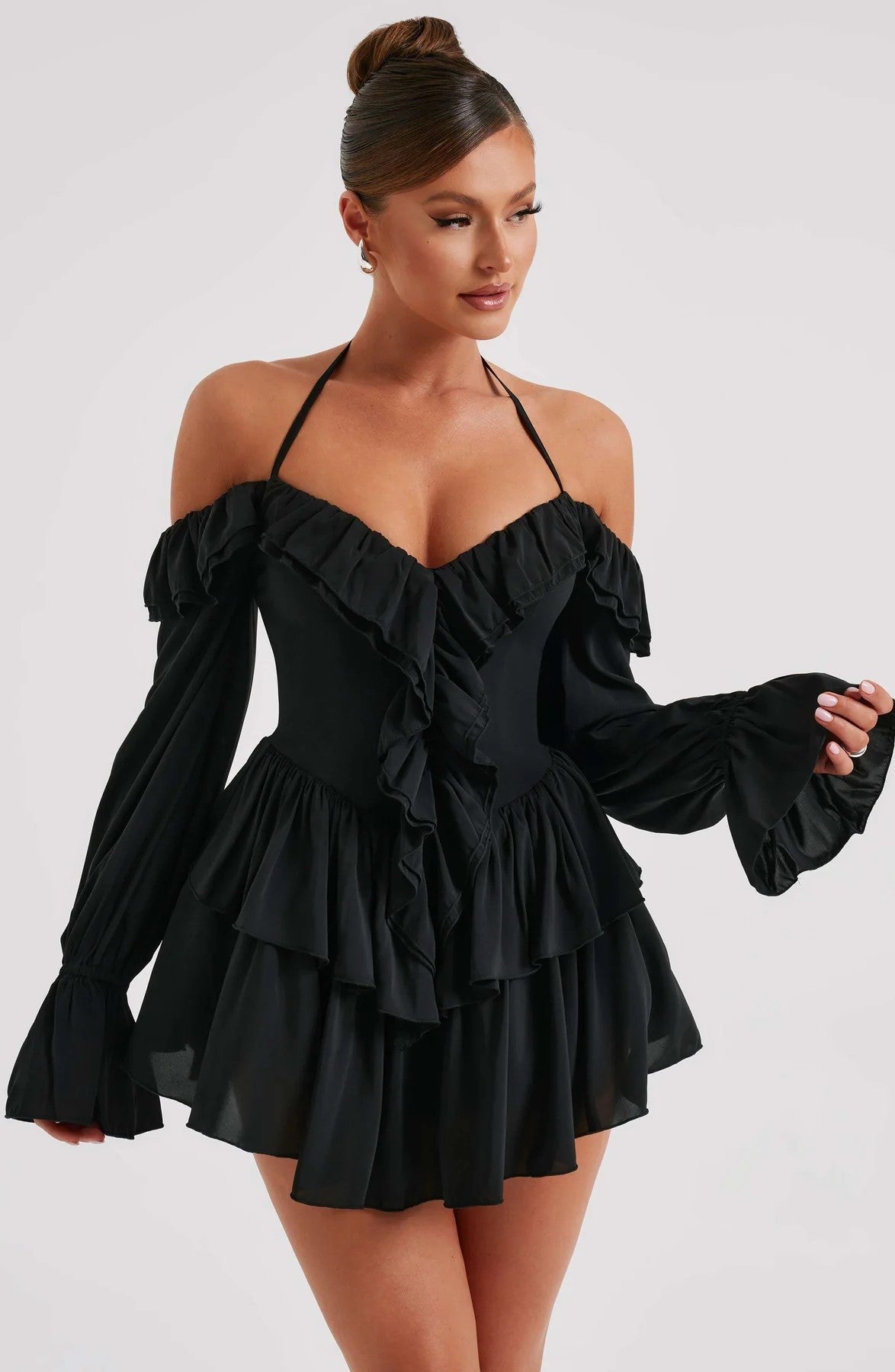 Pleated Ruffle Bell Bottom Sleeve Halter Neck Women's Dress 3