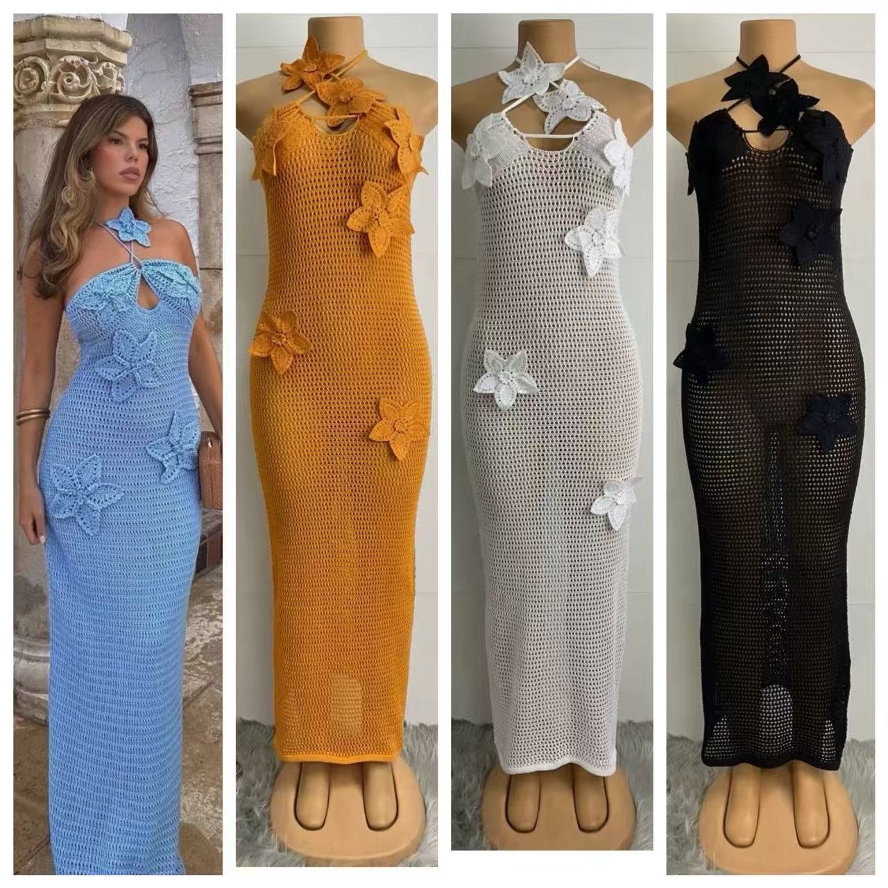 Women autumn Soid flower strap off-shoulder see-through dress 7