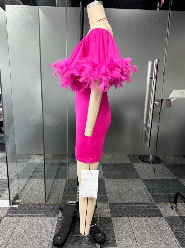 Sexy Off Shoulder Feather Elastic Bodycon Slim Dress 6