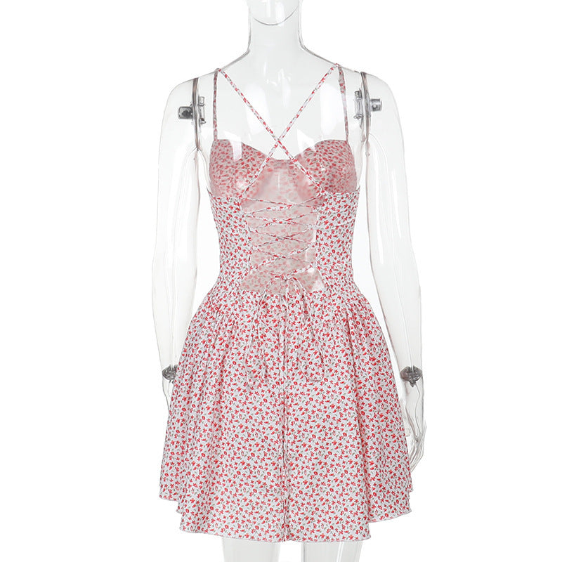 Summer Floral Low-Back Lace-Up A-Line Strap Short Dress 8