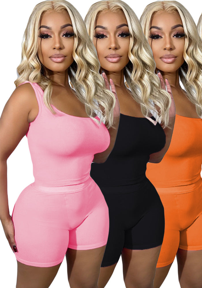 Women Solid Ribbed Top and Shorts Sports Two-Piece Set