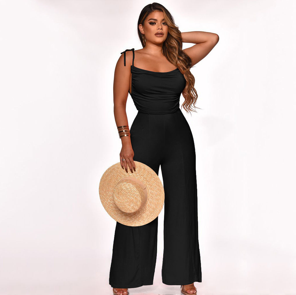 Women Solid Straps Lace-Up Wide Leg Jumpsuit 6
