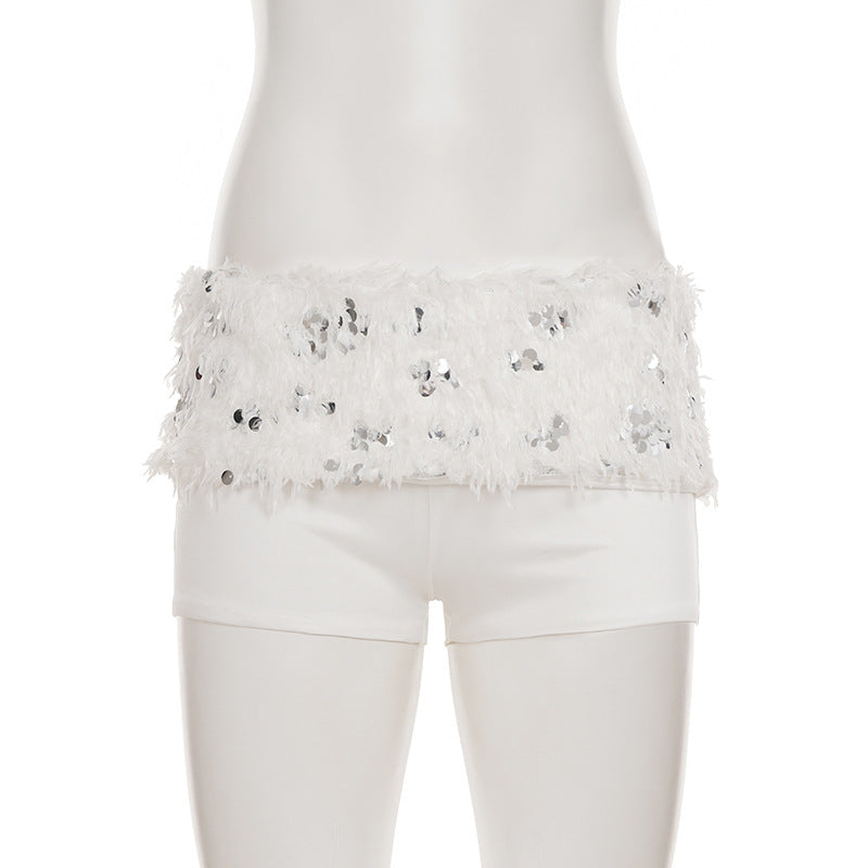 Women Sexy White Sequined Fur Patchwork Strapless Top and Shorts Two-Piece Set 4