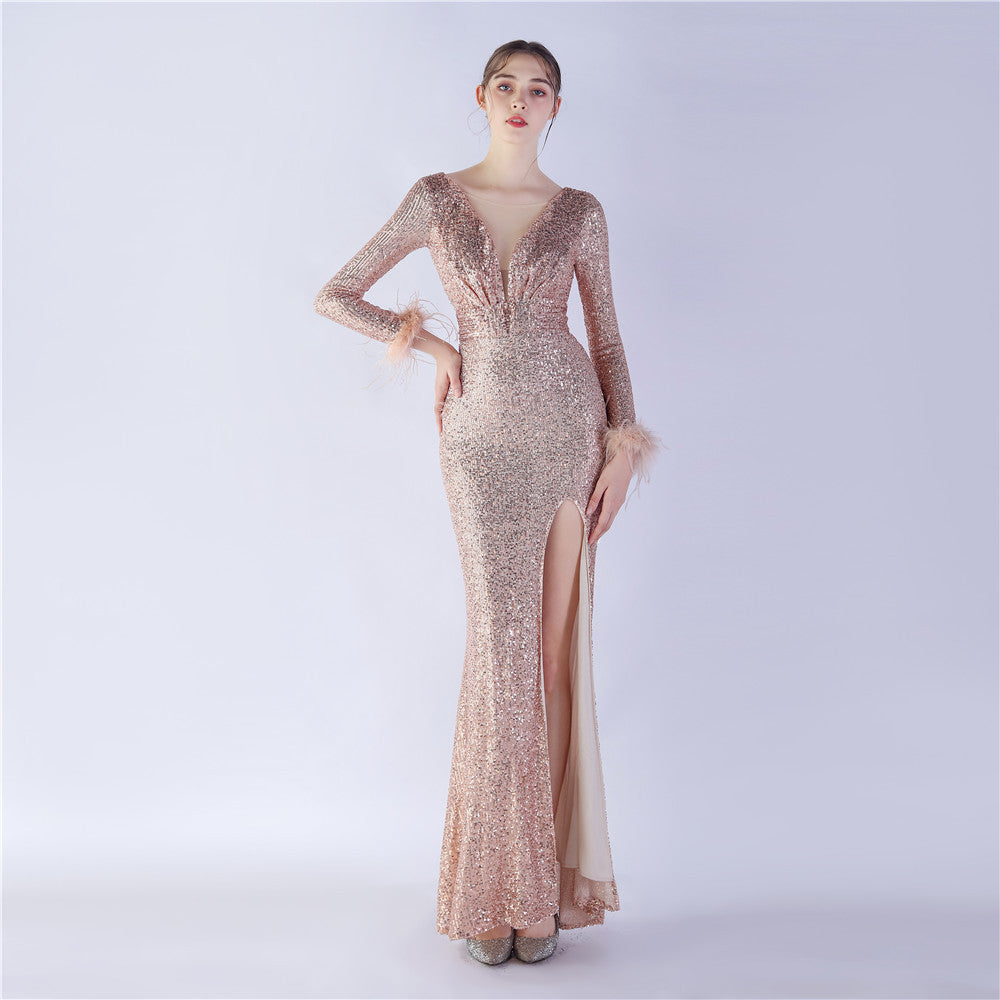 Women Elegant Ostrich Feather Long Sleeve Sequined Formal Party Evening Dress 12