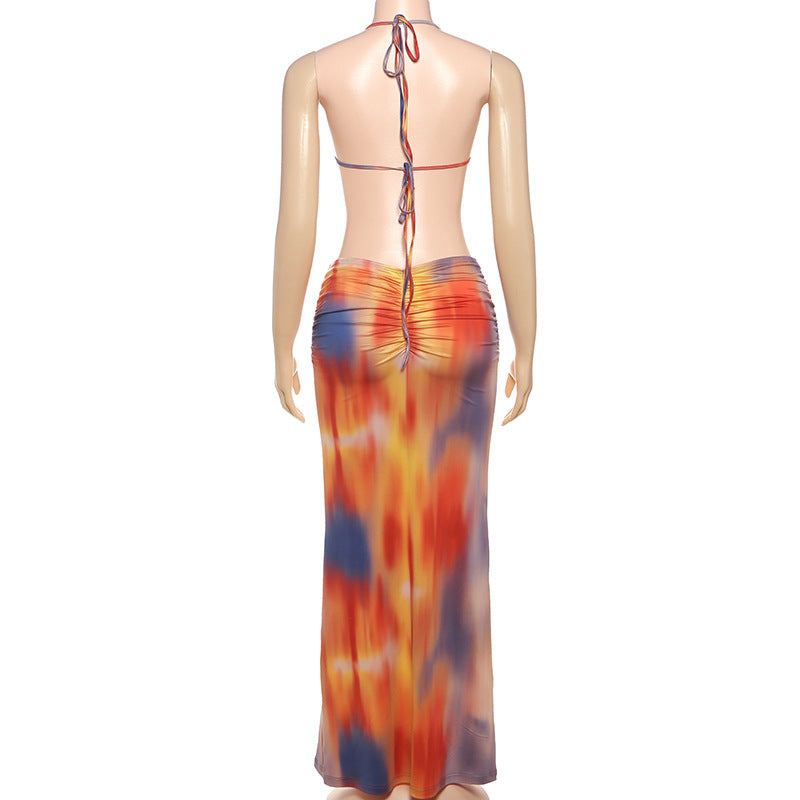 Women's Spring Halter Neck Tie Beaded Chain Slim Low Back Sexy Dress 21