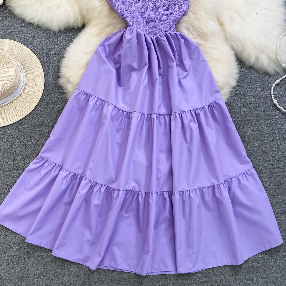 Retro Chic Sleeveless Slash Shoulder Slim Waist Slim Fit Beach Holidays A-Line Long Dress 70