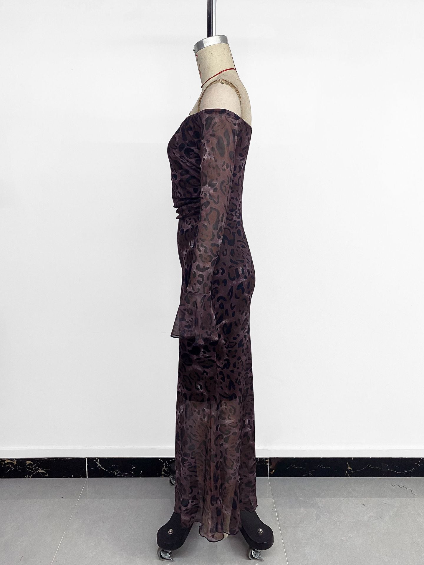 Women's Off Shoulder Long Sleeve Mesh Leopard Print Party Dress 7