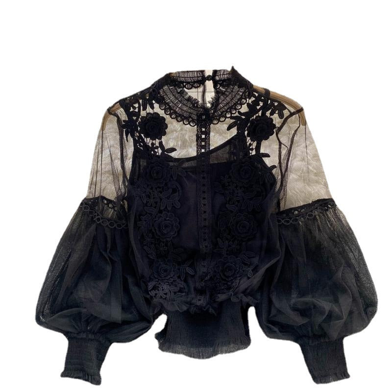 Women Flowers See-Through Mesh Lantern Sleeves lace crop Top 12