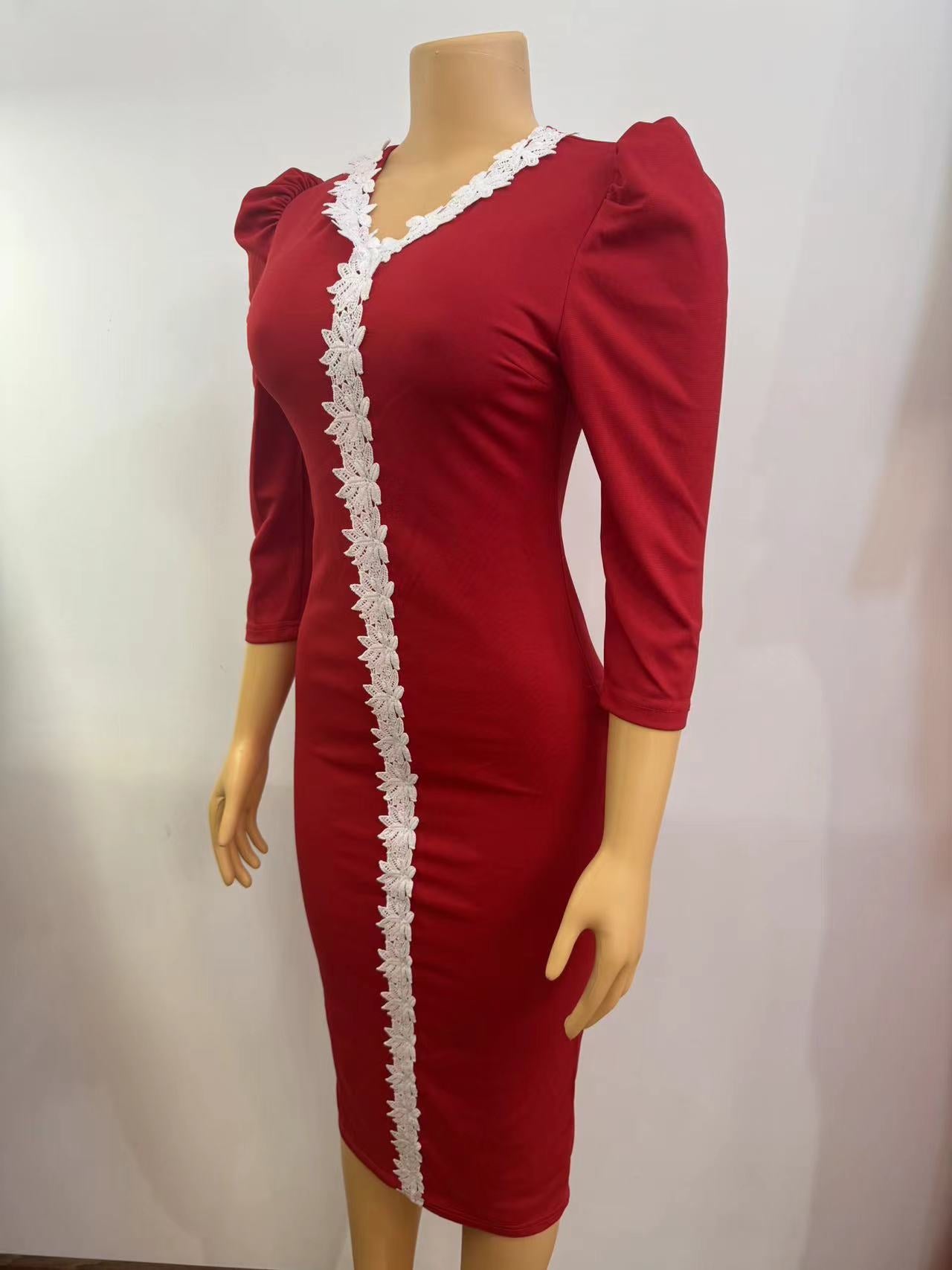 Women's Solid Color Lace V-Neck Slim Plus Size Dress 8