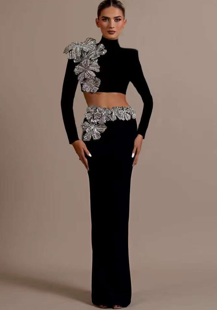 Women Sexy Elegant Beaded Long Sleeve Top and Long SkirtTwo Piece Set