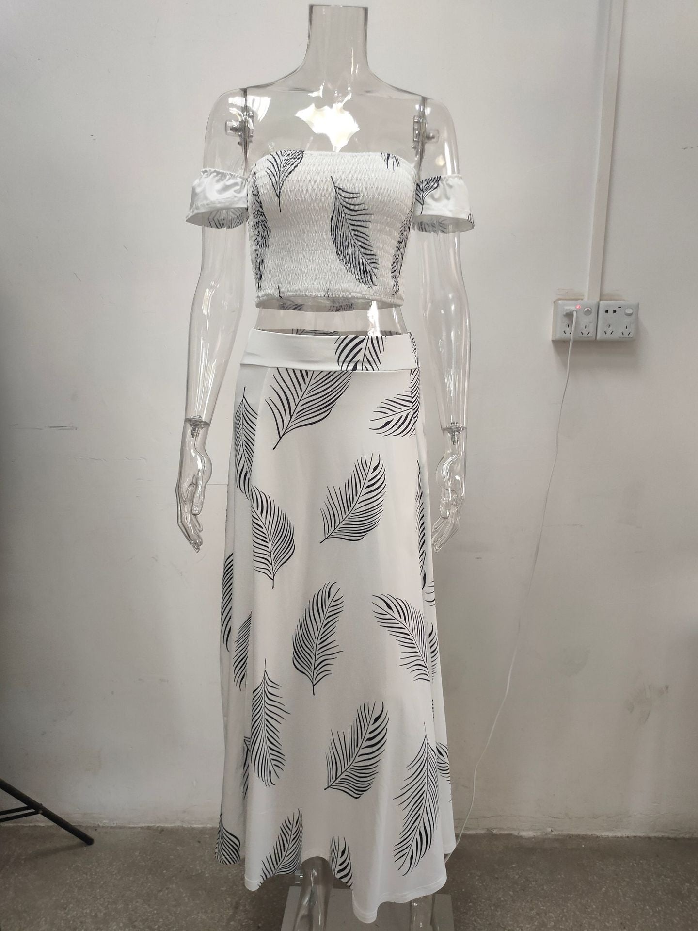 Women Summer French Bohemian Print Strapless Top and Skirt Two-Piece Set 47