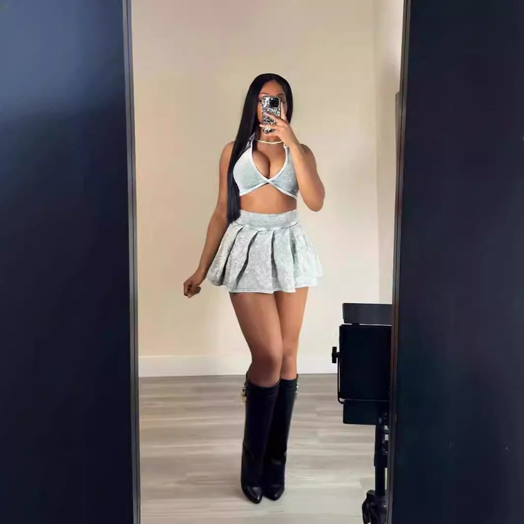 Women Sexy Summer Turndown Collar V-Neck Ribbed Short Top Mini Skirt Two-Piece Set 7