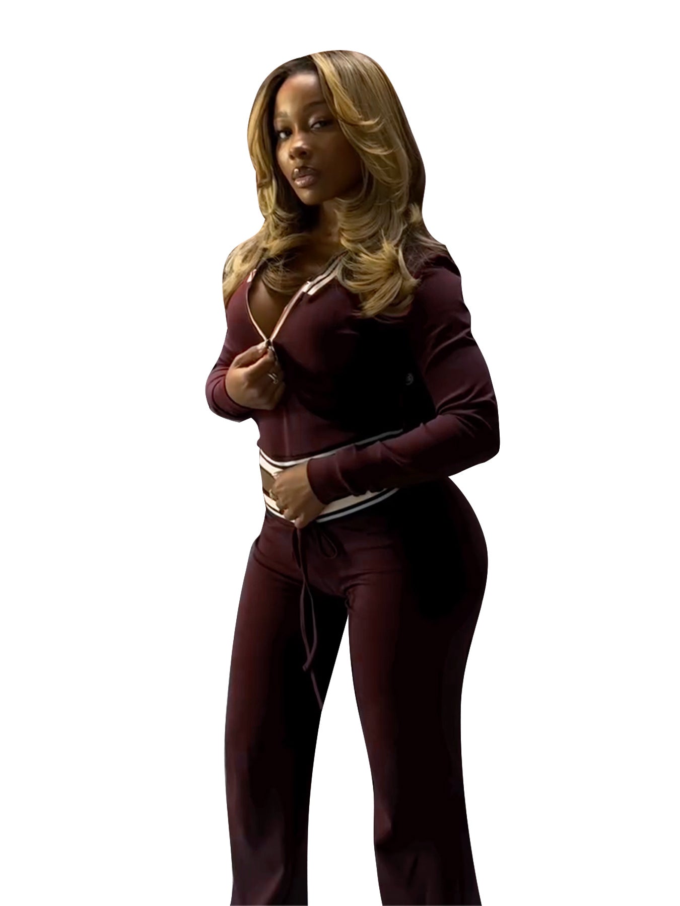 Women Turndown Collar Half-Zip Top and Drawstring Wide-Leg Pants Casual Athletic Two-Piece Set 40