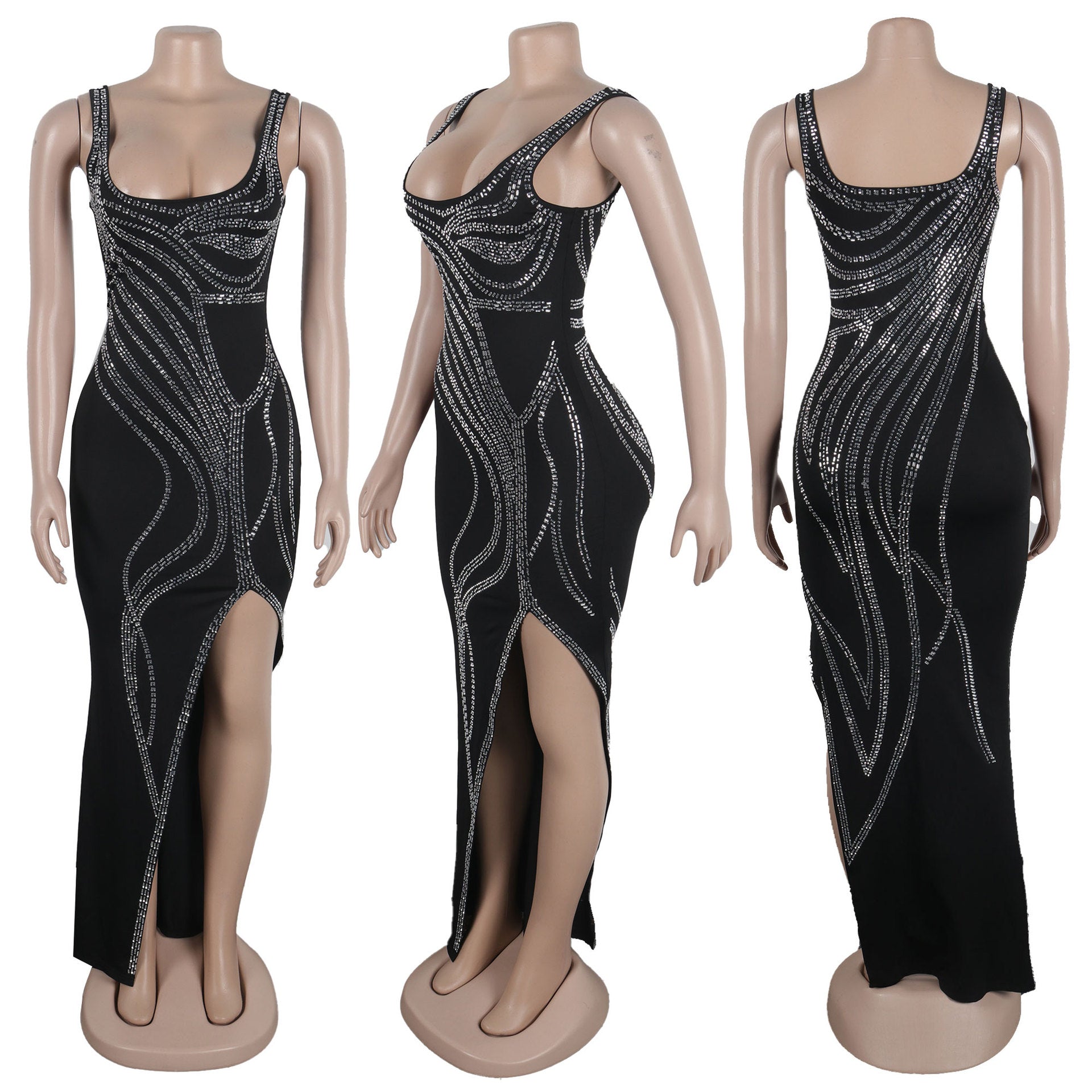 Women Sexy Beaded Sleeveless Bodycon Slit Dress 14