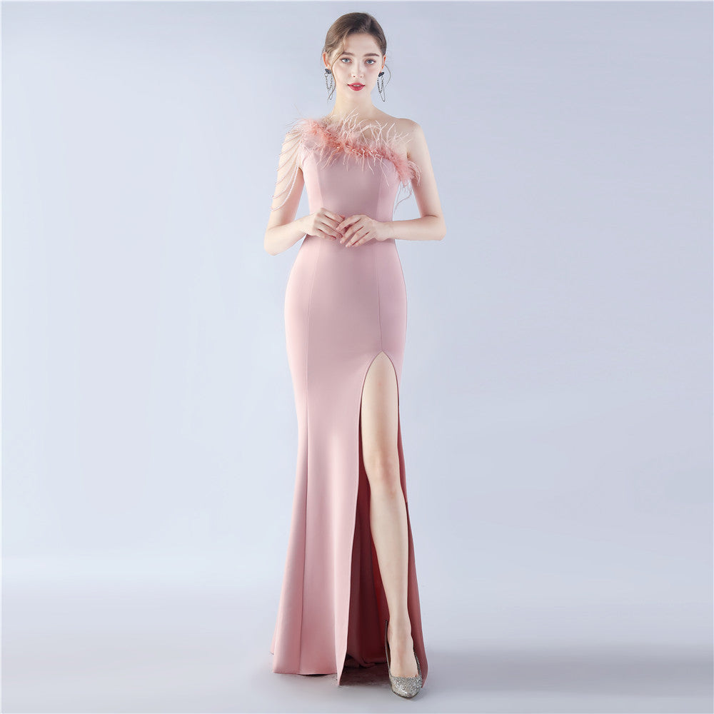 Women Elegant Beaded Ostrich Feather Satin Formal Party Maxi Evening Dress 13