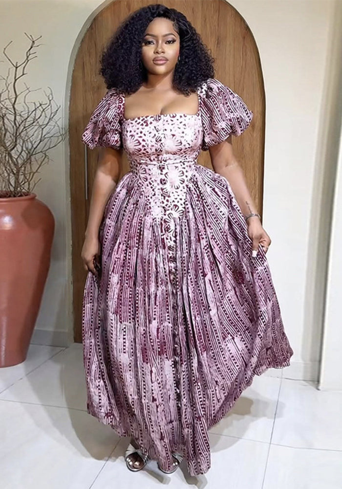 Women's Summer Fashion Square Neck Printed Bubble Sleeve High Waist Dress