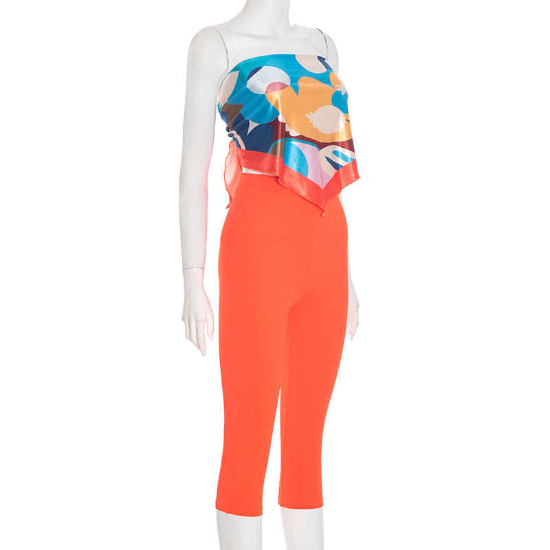 Women Spring/Summer Strapless Off-Shoulder Multi-Color Scarf Knot Solid Top Two-Piece Set 8