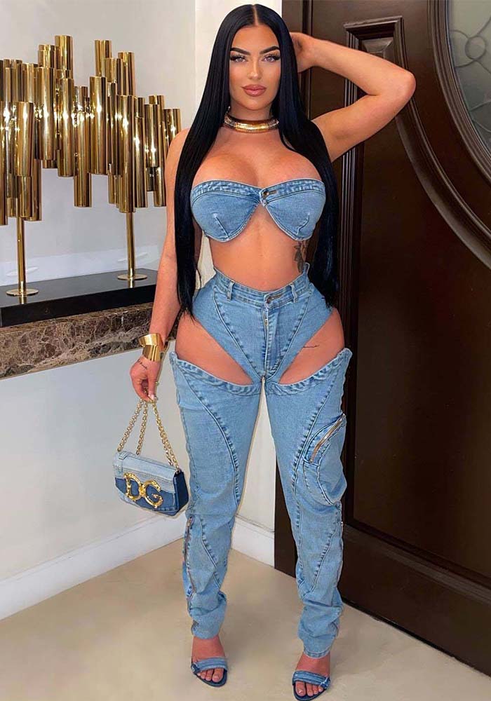 Women washed elastic denim split zipper pocket chest wrap and sexy denim pants set