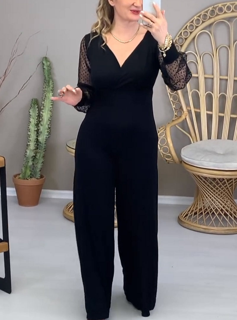 Long Women's Mesh Sleeves V-Neck Slim Fashion Jumpsuit 3