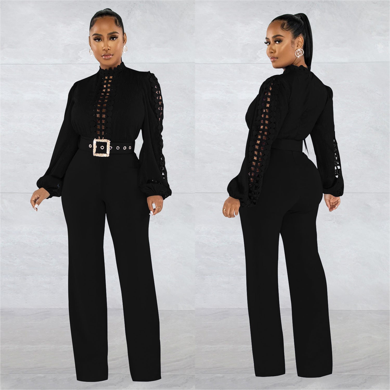 Women Belt Lace Cutout Solid Long Sleeve Jumpsuit 8