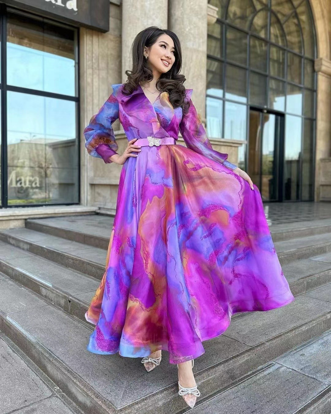 Spring Summer Print Mesh V-Neck Long Dress Plus Size Women's Dress