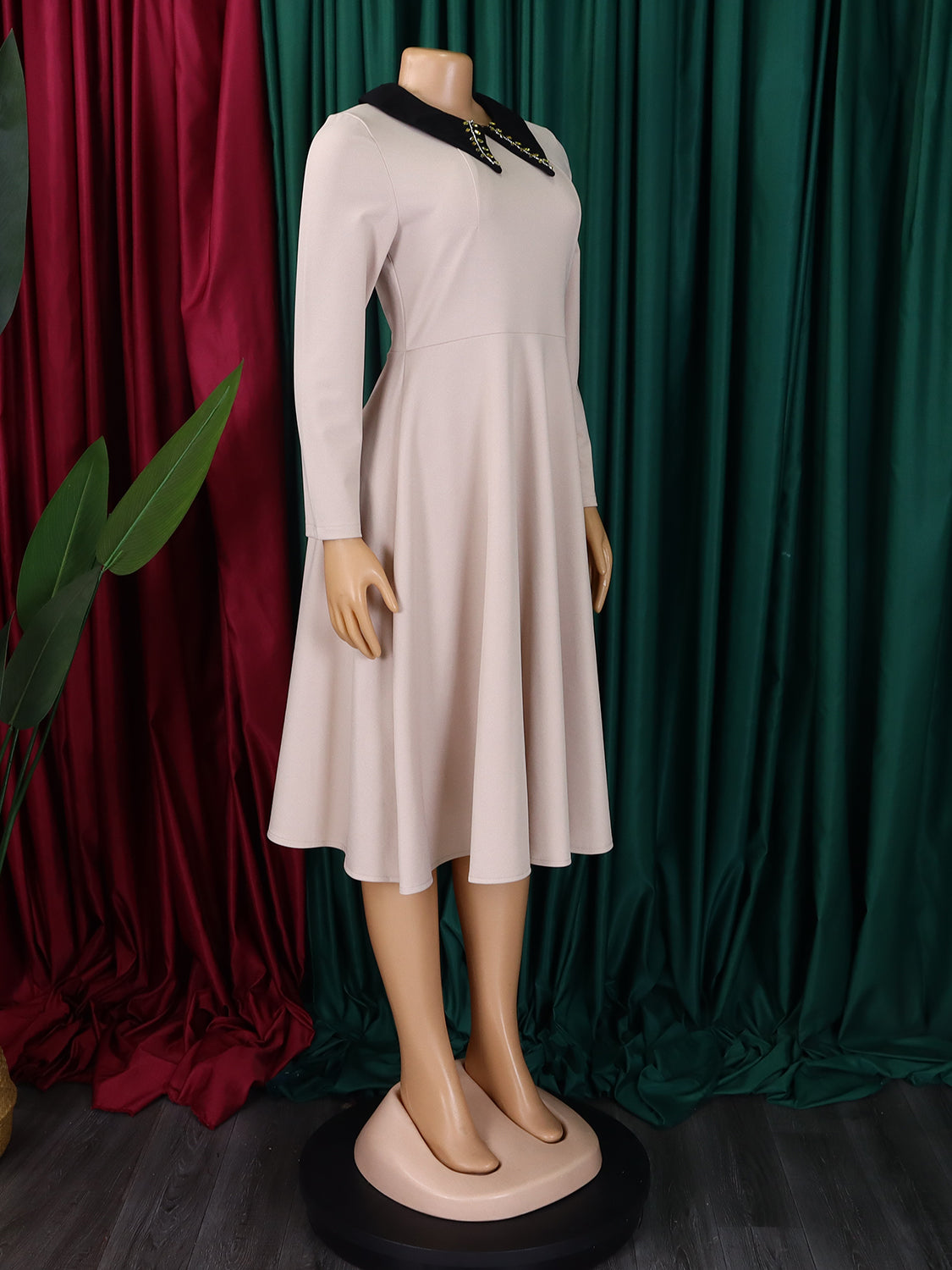 African Women Solid Long Sleeve Turndown Collar Elegant Dress 28