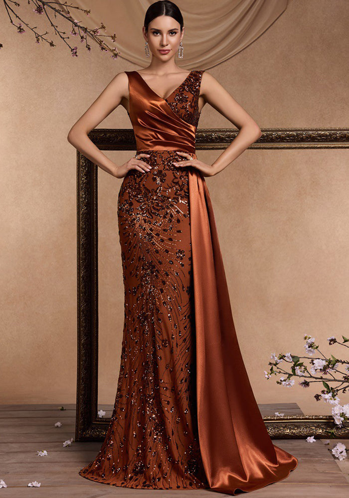 Women's Elegant Chic Sequin Patchwork V-Neck Sleeveless Cocktail Formal Evening Dress