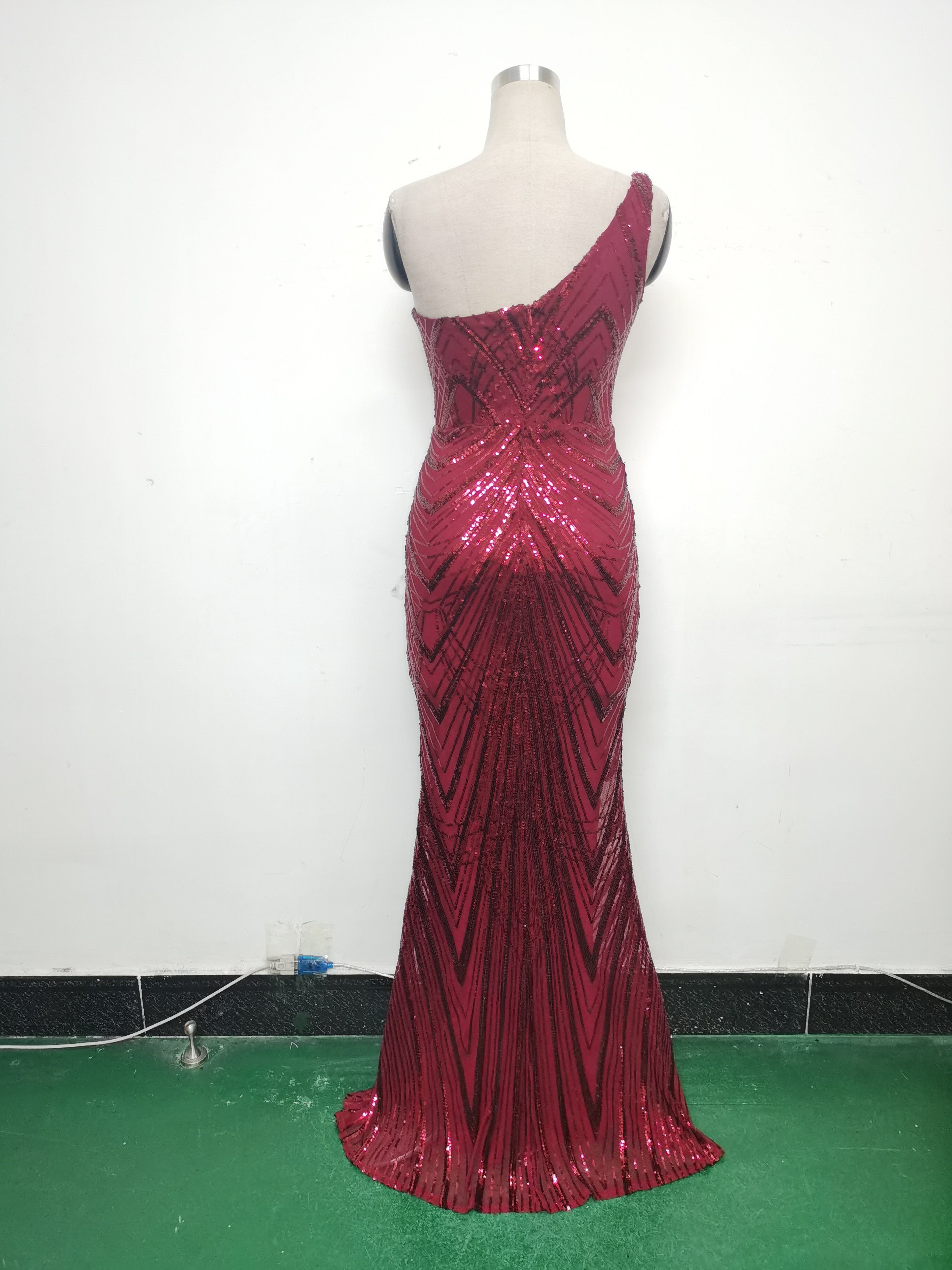 Women Flower Sequin Beaded One-shoulder Evening Dress 23