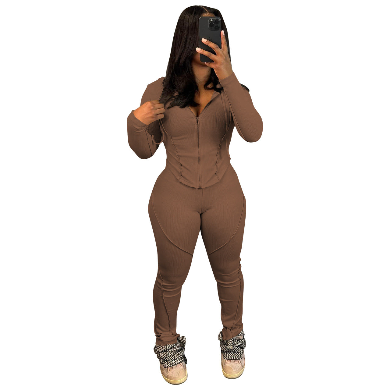 Women's Fashion Casual Ribbed Hooded Two-Piece Pants Set 9