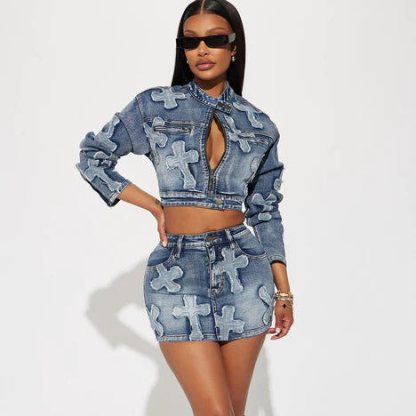 Women's Clothing Trendy Fashion Patch Denim Two Piece Skirt Set 6