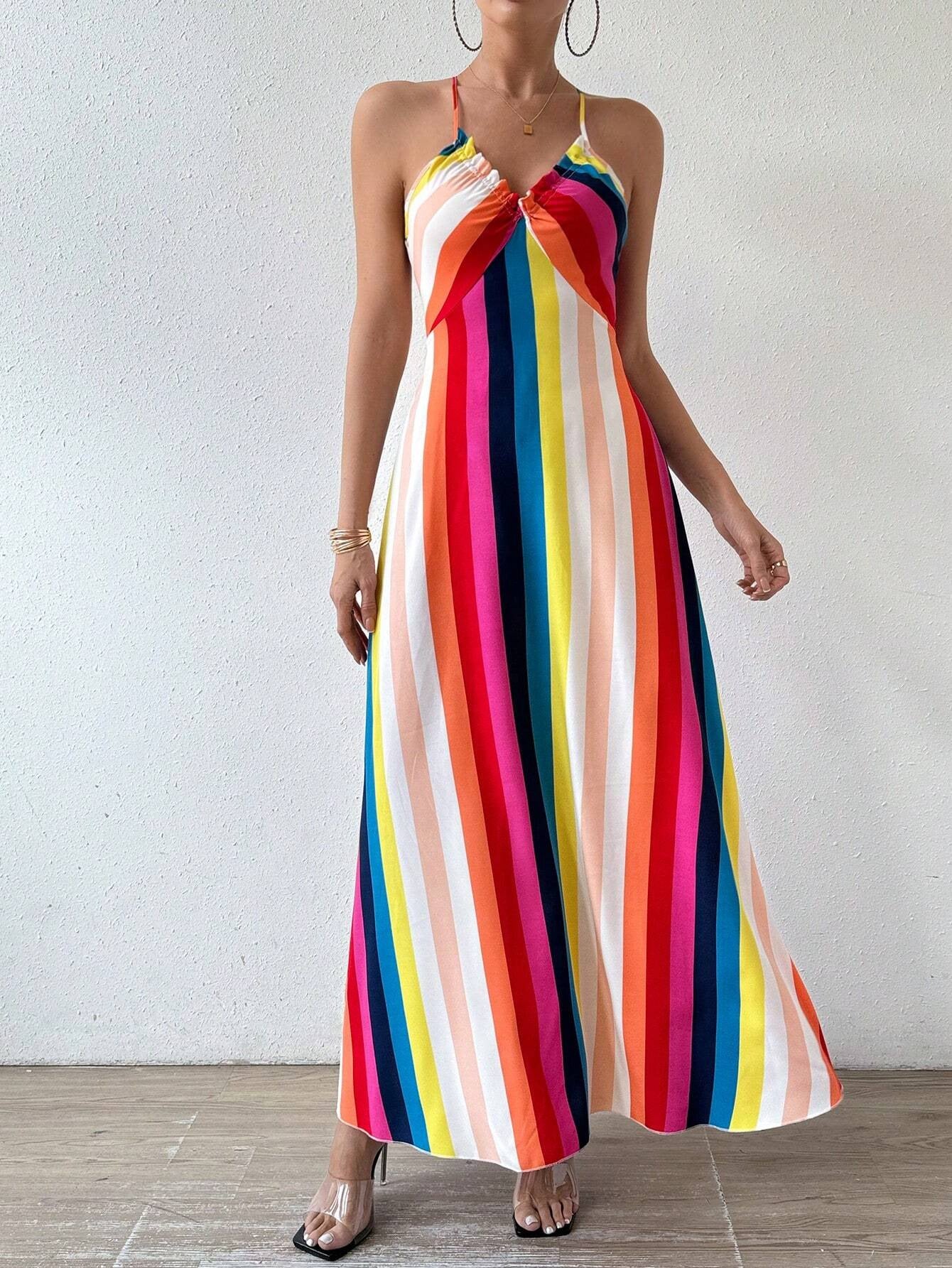 Women Backless Rainbow Suspender Print Dress 5