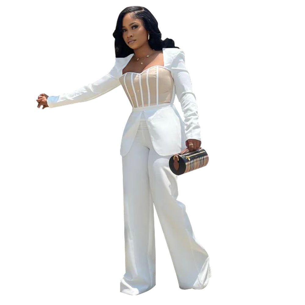 Women's Sexy Slim Waist Contrast Patchwork Long Sleeve Wide Leg Jumpsuit 10