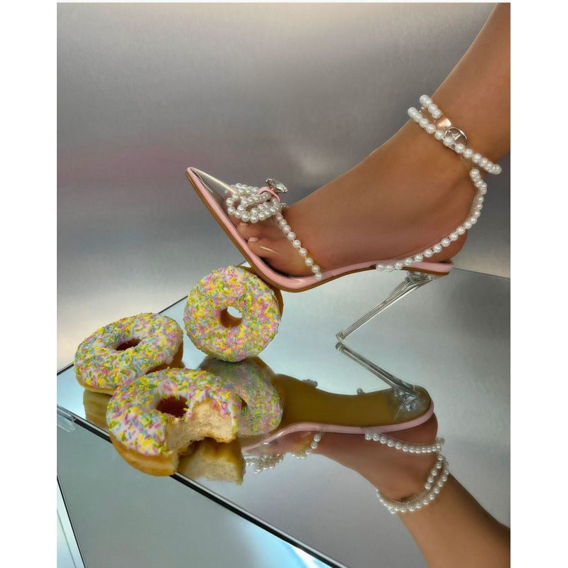 Butterfly Pearl Rhinestone Fashion Transparent Crystal Heel High-Heeled Sandals 5