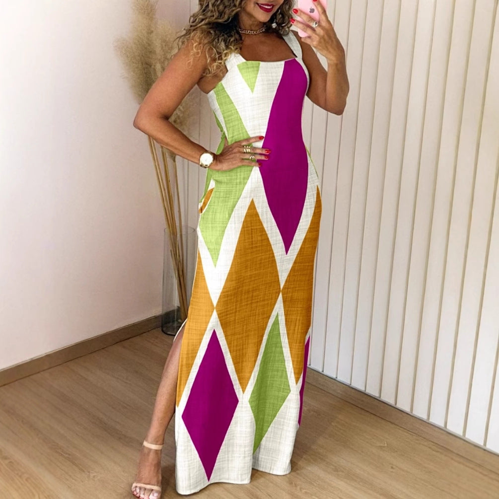 Women summer sleeveless contrast color sexy slit dress 7