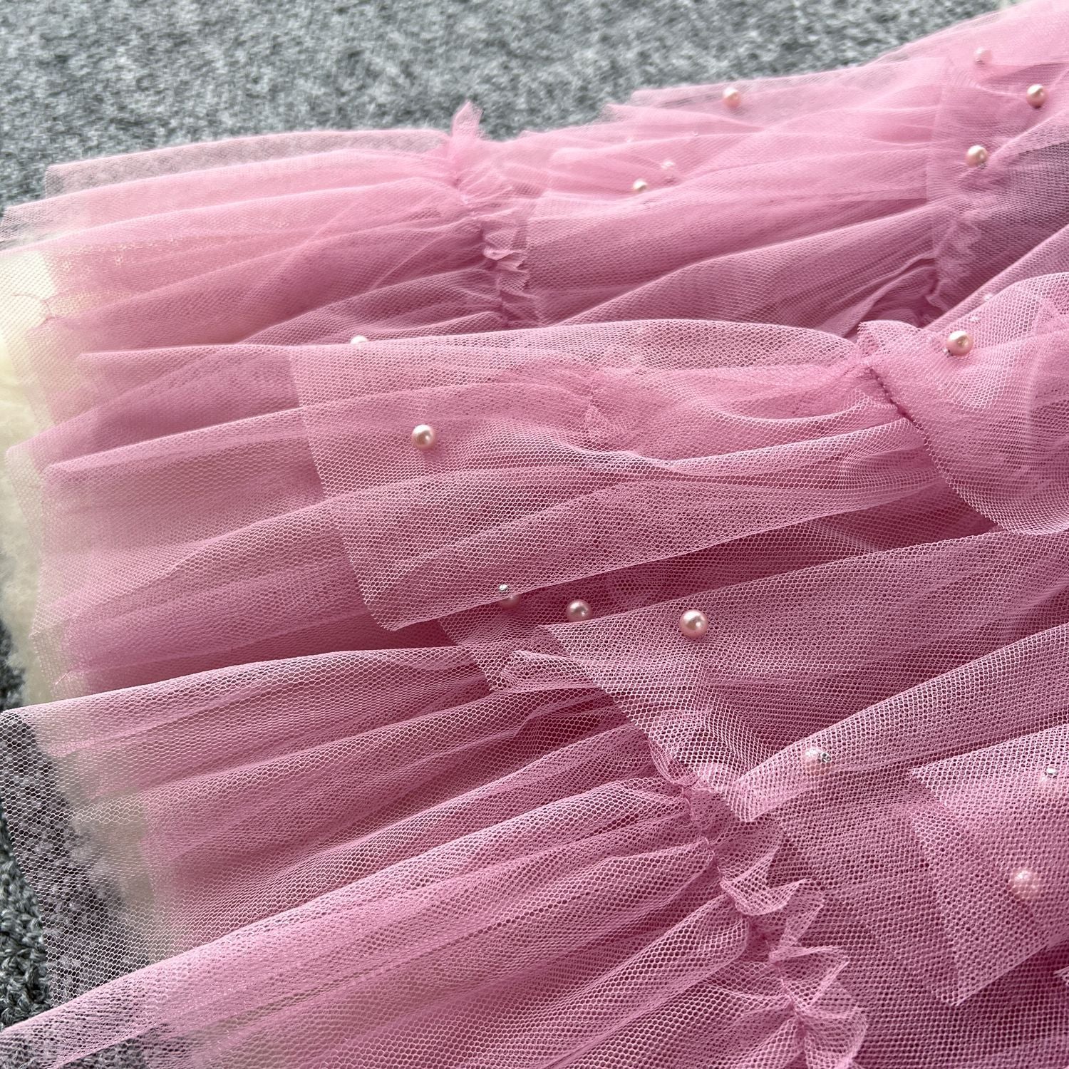 Women French Beaded Embroidered Short Sleeve Puffy Mesh Dress 21