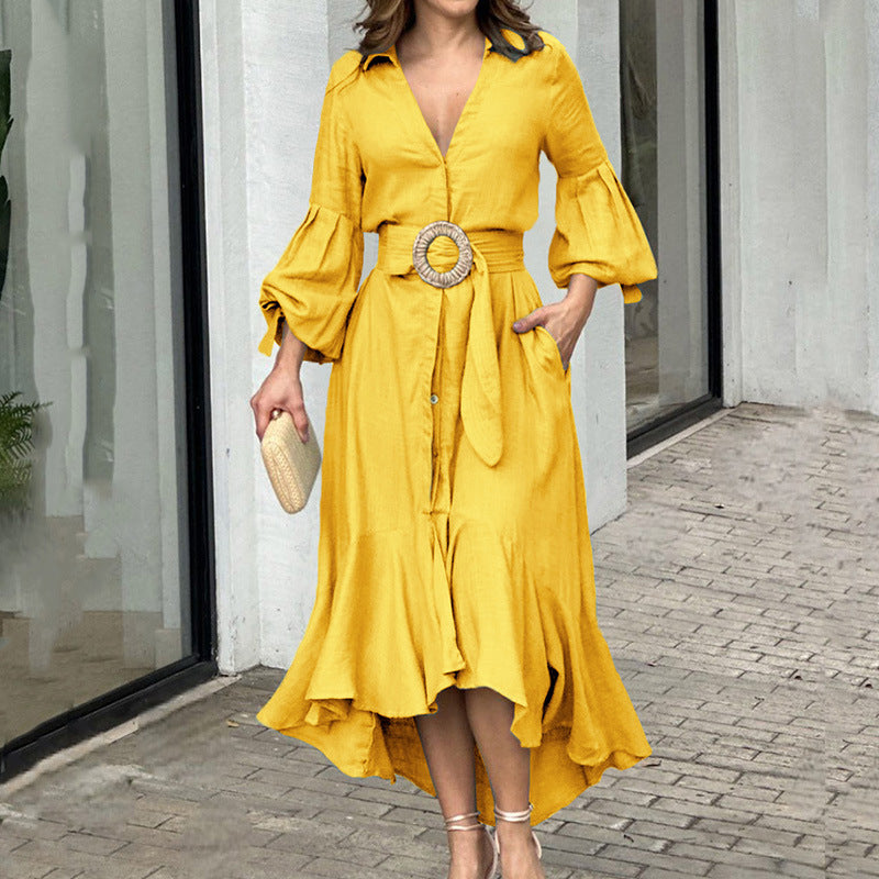 Green Dress Western Dress Fashion Casual Full Sleeve V Neck Turndown Collar Solid & Pocket Maxi Dress 4