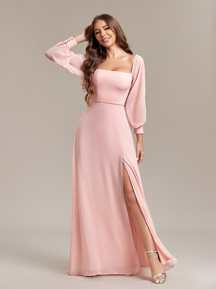 Women Elegant Strapless Long Sleeve Zip Slit Dress 11