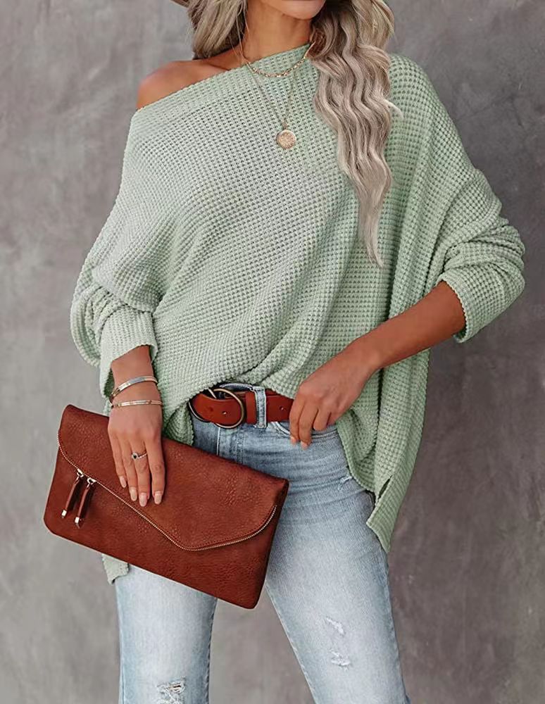 Women knitting waffle Slash Shoulder Top 6