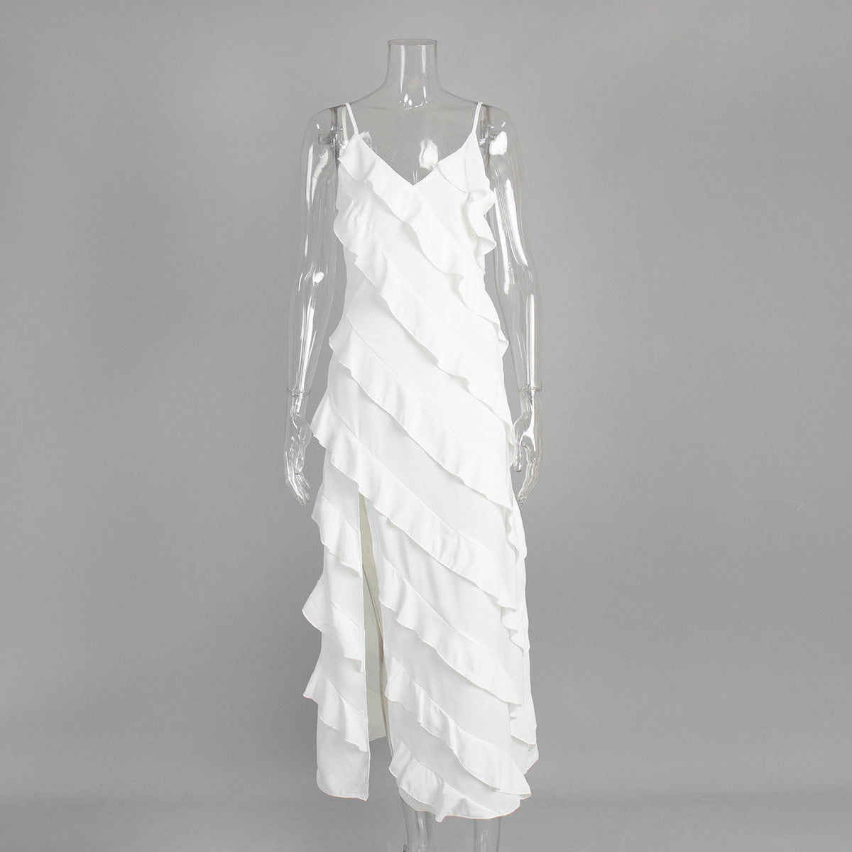 Patchwork Ruffle Strap Sexy Slit Long Dress 12