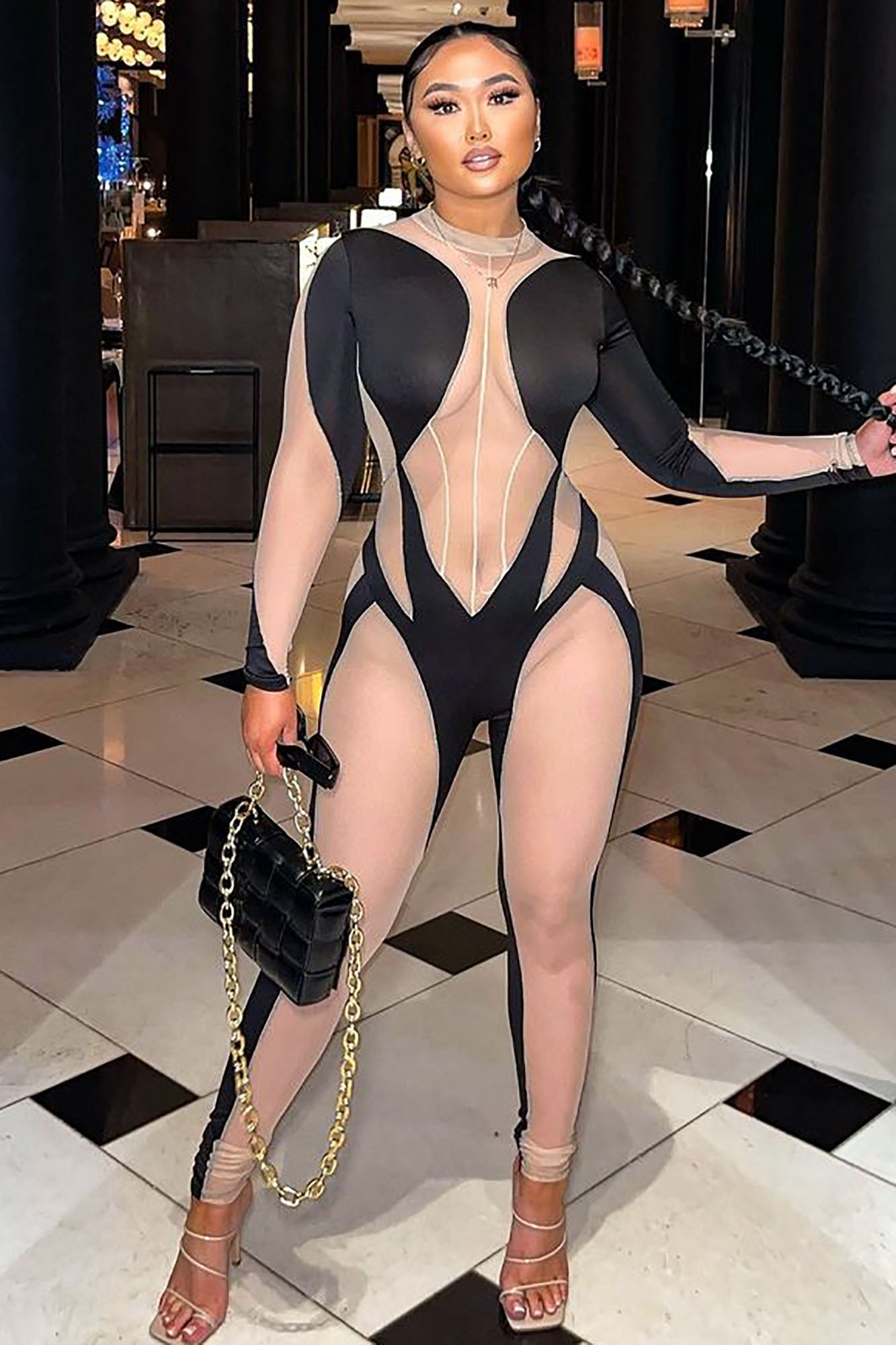 Women Sexy Long Sleeve Color Blocking Jumpsuit 3