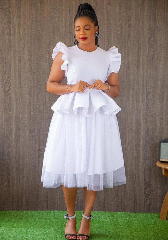 Ruffle Mesh Patchwork Mid-Length Wedding Dress