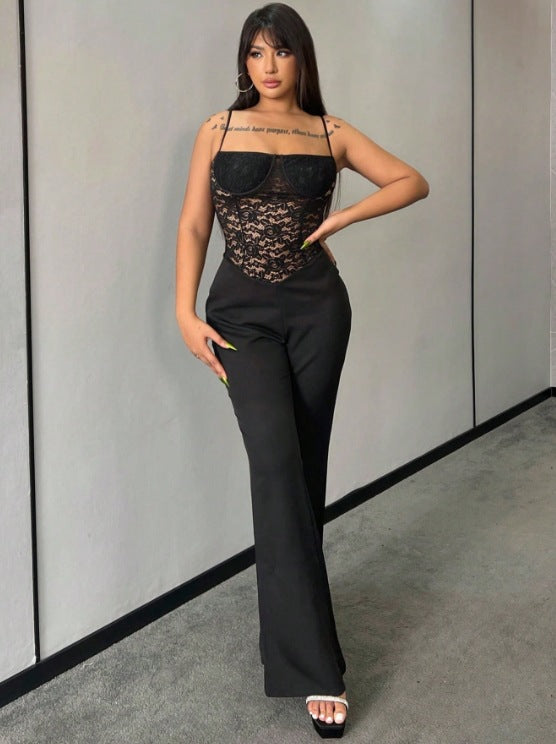 Women sexy lace off-shoulder suspender flared Jumpsuit 4