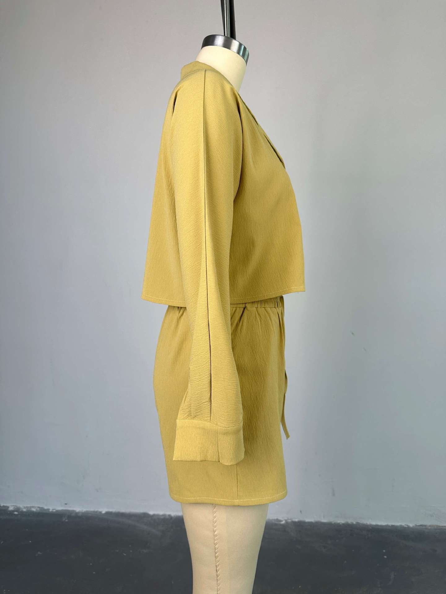 Women Summer Casual Turndown Collar long-sleeved shirt And drawstring shorts two-piece set 17