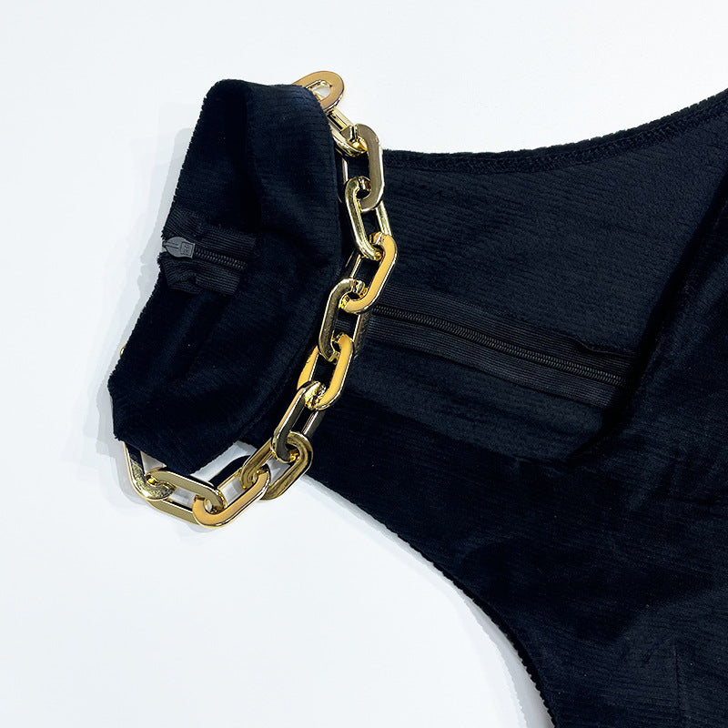 Summer Women corduroy metal chain Halter Neck off-shoulder sleeveless dress 13