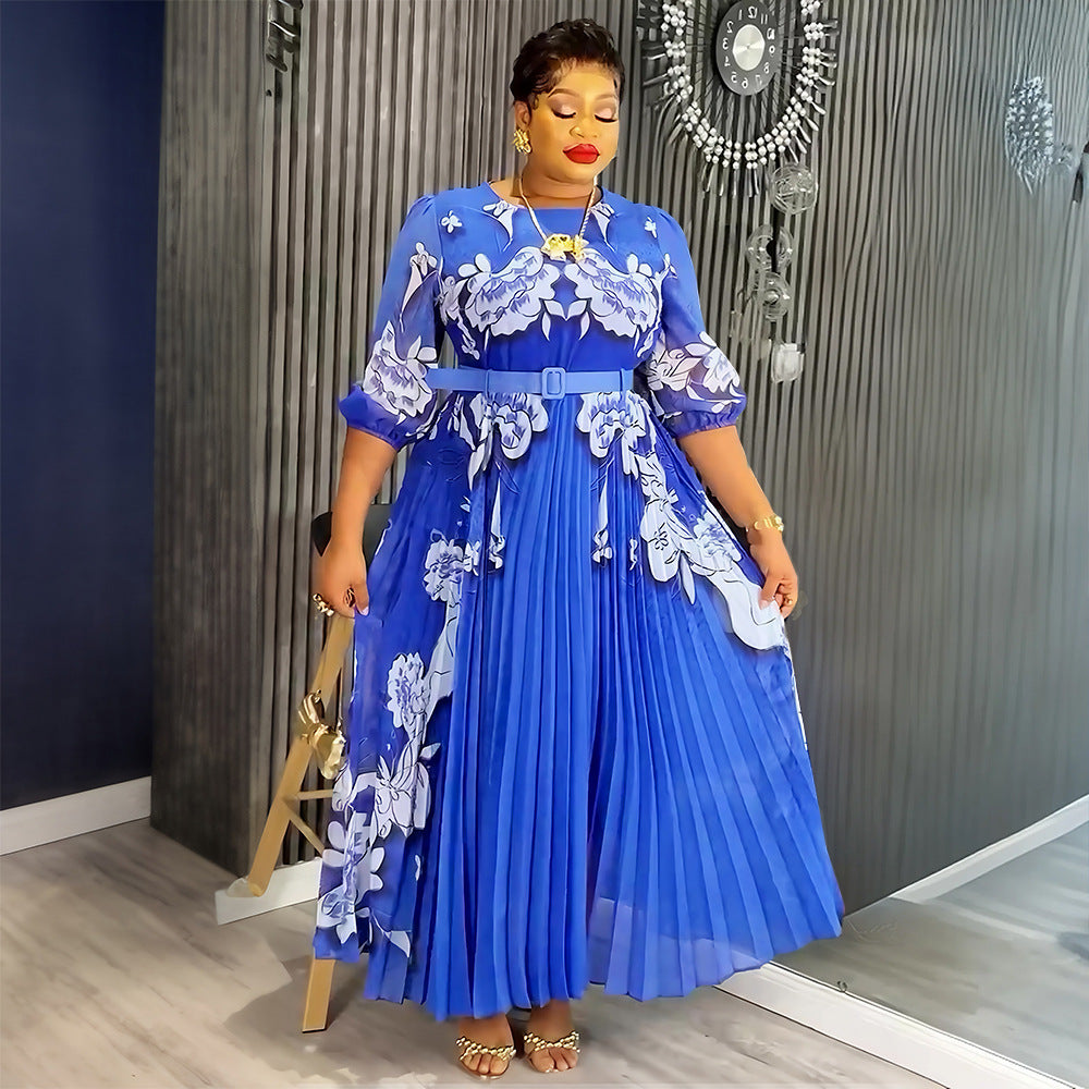 Elegant Long Dress Africa Women's Plus Size Print Pleated Chiffon Dress 3