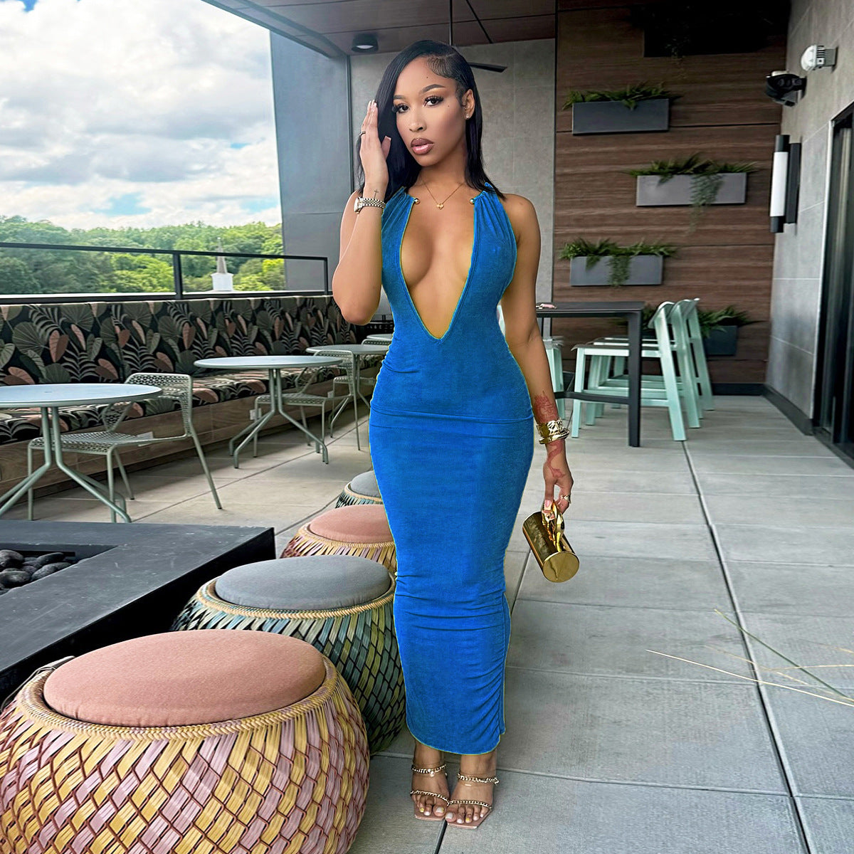 Women Sexy V-Neck Metal Halter Neck Maxi Dress 5