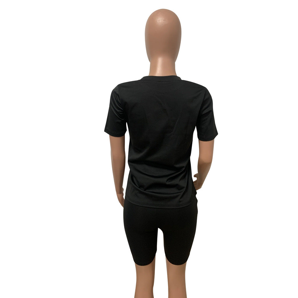 Summer Women's Round Neck Letter Short Sleeve Shorts Solid Color Shorts Set 11